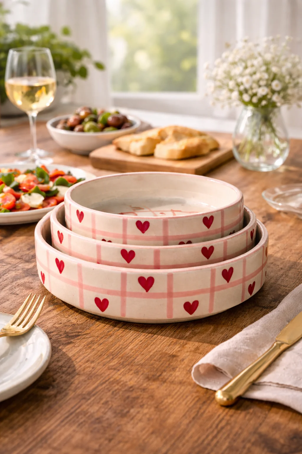 Crimson Check Heart Serving/Salad Bowl Set (Set of 3)