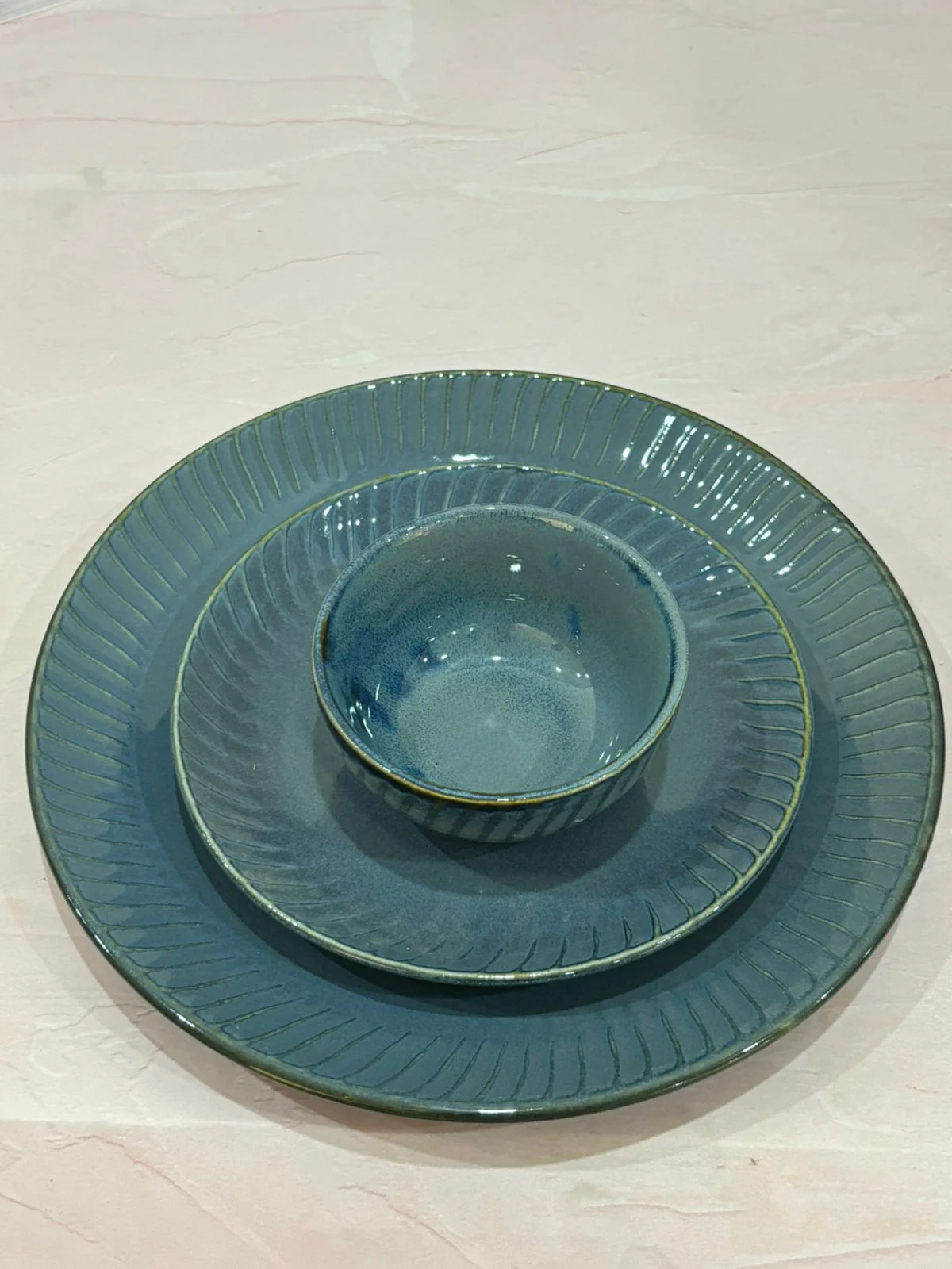 Metallic Blue Glaze with Lines Dinner Set (Set of 7) - Image 2