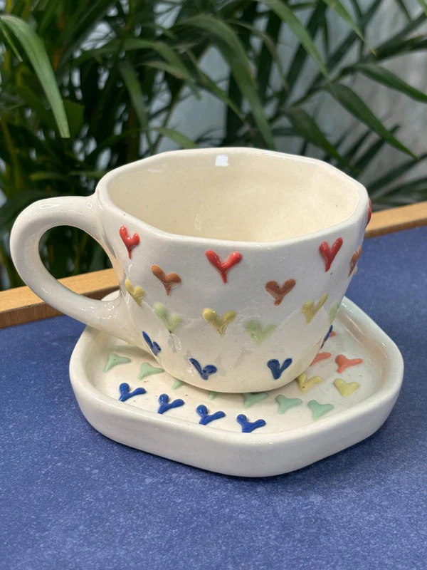 Colorful 3D Heart Coffee Mug with Saucer - Image 4