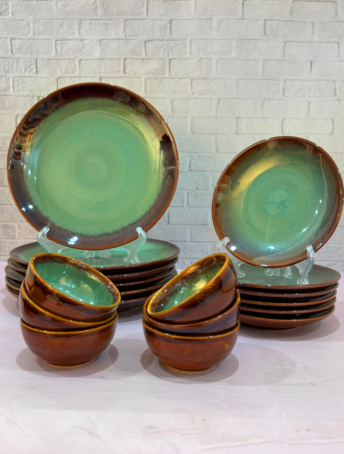 Brown Green Glaze Dinner Set (Set of 18) - Image 2