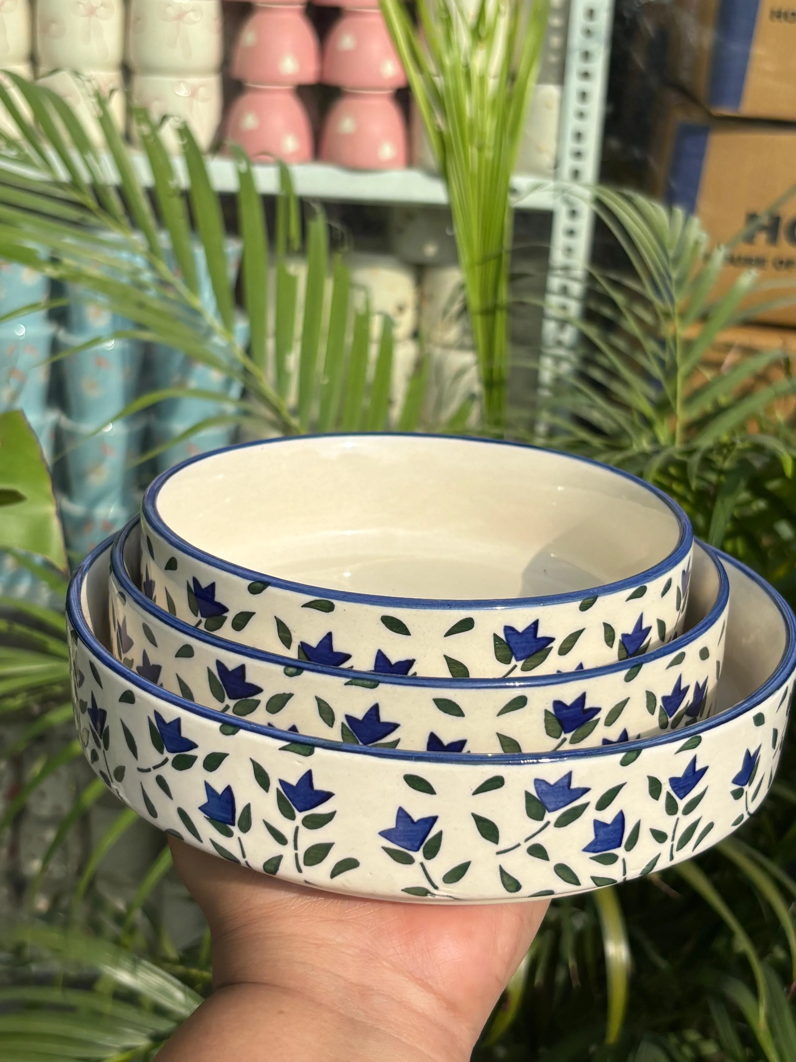 Royal Blue Flora Serving/Salad Bowl Set (Set of 3)